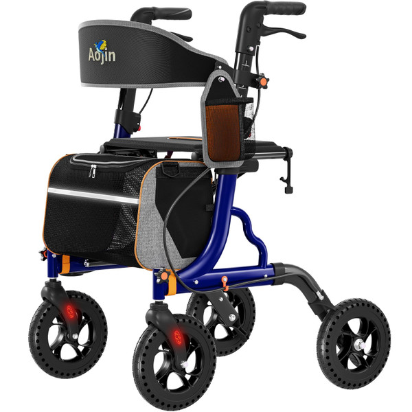 Aojin Rollator Walker for Seniors with Seat, Lightweight & Foldable, 8" All-Terrain Wheels, 18" Big Seat, 6-Level Adjustable Height Rolling Walker, 350 lb Capacity, Blue