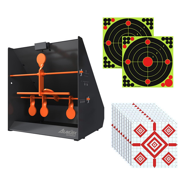 AIMAX OUTDOOR Resetting Shooting Targets Trap with 12pcs Paper Targets, Bullet Trap Box Rated for .22 .177 Caliber Rimfire, Auto Reset Metal Target for Pellet Rifle Airgun