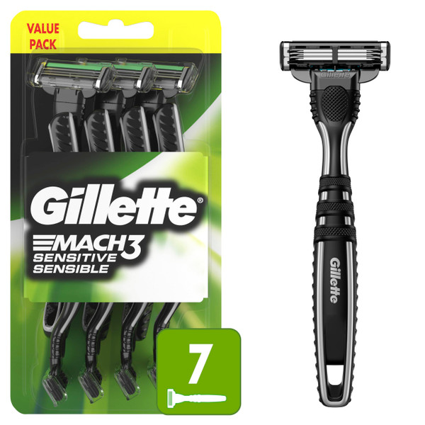 Gillette Mach3 Sensitive Razors for Men, Men’s Disposable Razors, Pivoting Head for Close and Comfortable Shave, 7 Count