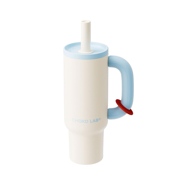 CHAKO LAB BaWang Insulated Stainless Steel Tumbler | Tumbler with Handle and Straw 33oz | Cup Holder Friendly for Travel | Leakproof Water Bottle | BPA-Free | 316 stainless steel liner| white＆blue