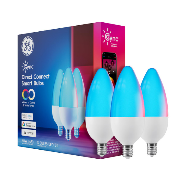 GE Cync Smart LED Light Bulbs, Color Changing Decorative Light Bulbs, Indoor WiFi Lights, Matter Compatible, Compatible with Alexa and Google Home, Candelabra Base (3 Pack)