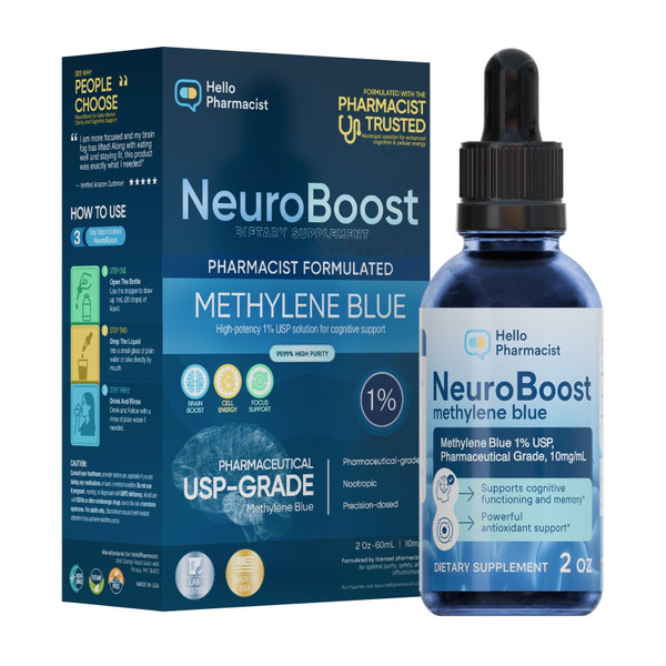 HelloPharmacist Neuroboost Methylene Blue Pharmaceutical Grade Supplement 1% Pharmacist Formulated - USP Grade Lab Certified for Humans | Support for Brain Fog, Focus, Memory, Energy | 2 oz