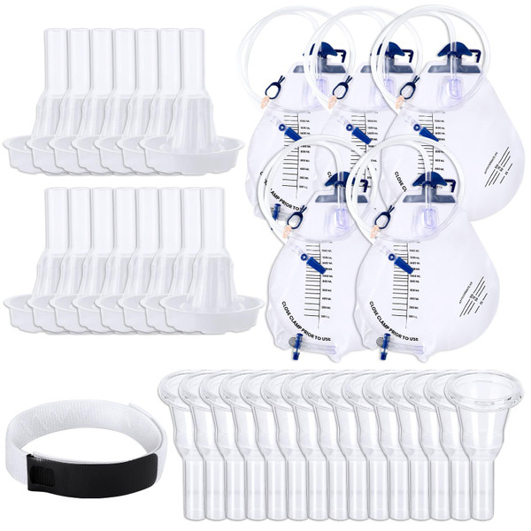 Threlaco 21 Pcs Men External Condom Catheter Self Sealing Sets Include 5 Pcs 2000ml Urinary Drainage Bags with Tube 15 Male Urine Condom Catheters and 1 Leg Anti Slip Strap for Men(1.18 Inches/ 30 mm)