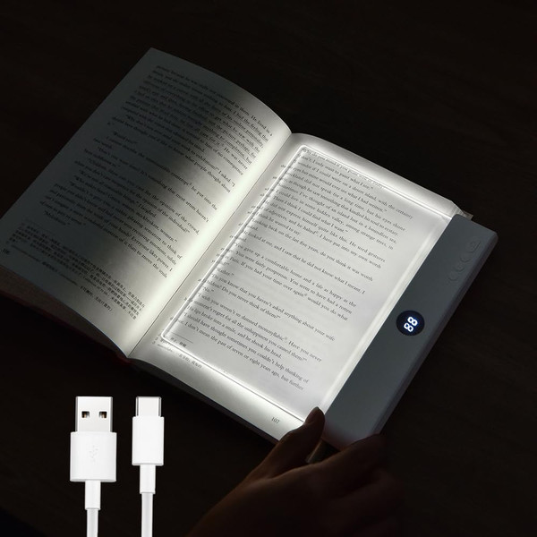 Book Light, Rechargeable Clear LED Flat Reading Light with 3 Colors & Timer, Dimmable Panel Plate Lamp Book Full Page Light for Reading in Bed at Night, Funny Gifts for Readers Kids Women Men (White)