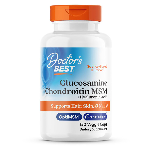 Doctor's Best Glucosamine Chondroitin MSM + Hyaluronic Acid with OptiMSM Featuring Biocell Collagen, Joint Support, Non-GMO, Gluten & Soy Free, 150 Caps