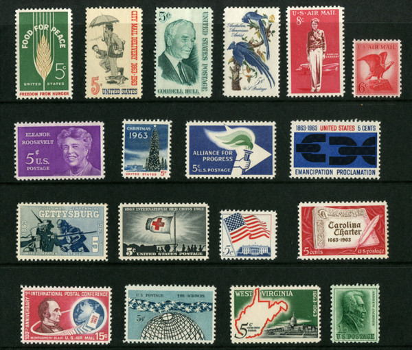 United States Postal Service Complete Mint Set of 18 Stamps Issued in 1963
