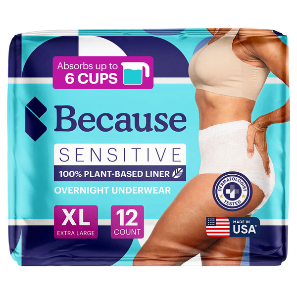 Because Adult Incontinence Underwear for Sensitive Skin - Women - Premium Overnight Disposable Briefs, Anti Odor - White, X-Large - Absorbs 6 Cups - 12 Count (Pack of 1)