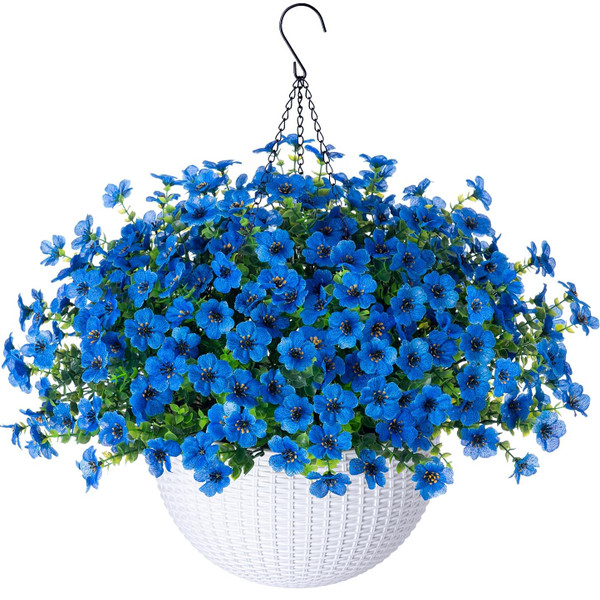 HyeFlora Artificial Fake Hanging Plants Flowers Basket for Outdoor Outside Decoration, Faux Silk Blue Daisy UV Resistant Look Real for Porch Patio Balcony Home Yard