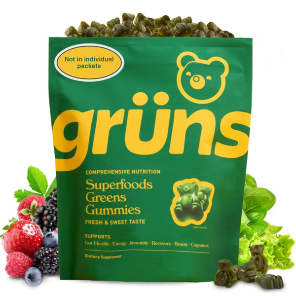 Gruns Adult Super Greens Gummies - Superfood Gummy Bears with Spirulina, Chlorella & Prebiotics for Digestive Health - Adaptogens Supplement with 20 Vitamins & Minerals, Low Sugar- 2-Week Supply