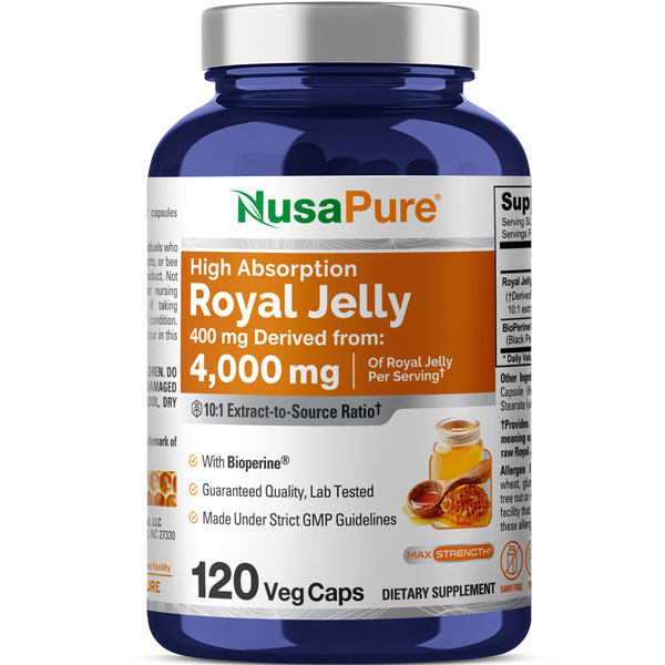 NusaPure Royal Jelly 10:1 Extract, 400 mg Equivalent to 4000mg - 120 Veggie Capsules (Non-GMO, Dairy Free, Dietary Supplement)