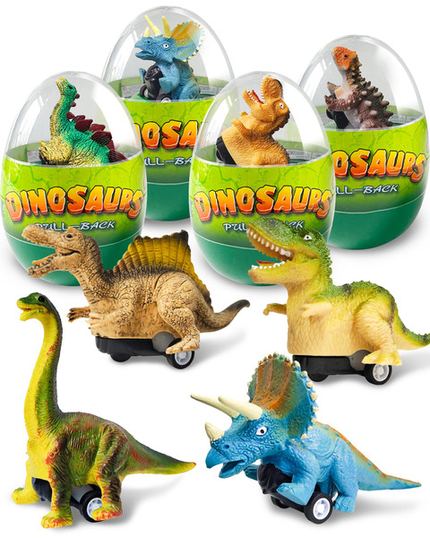 Greingways 4 Pack Dinosaur Pull Back Cars Prefilled Plastic Easter Eggs with Toys Inside Filled, Toddler Easter Basket Stuffers Egg Fillers Montessori Toys Easter Gifts for Kids Boys Girls
