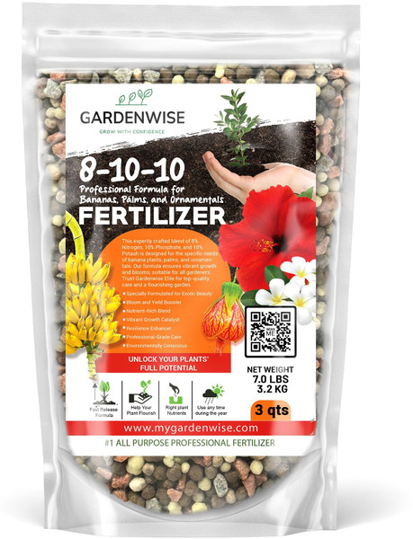 GARDENWISE Elite 8-10-10 Professional Fertilizer for Banana, Flowering, and Fruit Trees, Ornamentals - Boosts Flowering & Fruiting - for Indoor & Outdoor Plants (3 QUARTS)