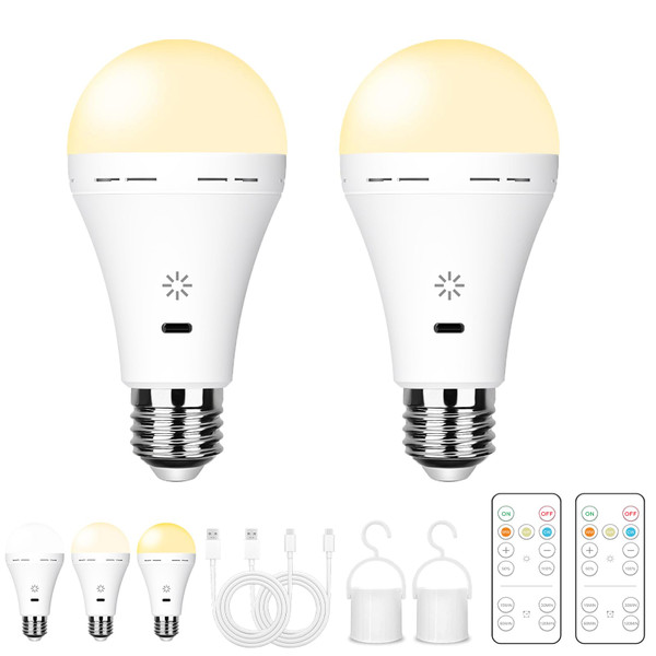 E26 Rechargeable Light Bulbs with Remote Control, 2600mAh Battery Operated Light Bulb with Hook, 3000K-6500K，40W Equivalent, 3 Timer, for Sconces Lamps Without Power, Camping, Emergency 2 Pack