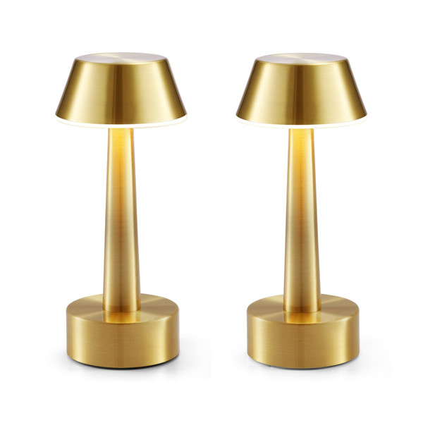 2 Pack Small Cordless Table Lamp, Battery Operated Gold Lamp for Restaurant Dinner Table, Rechargeable 3-Way Dimmable Touch Light Portable Metal Night Light for Bedside Dining Room Patio Bar Outdoor