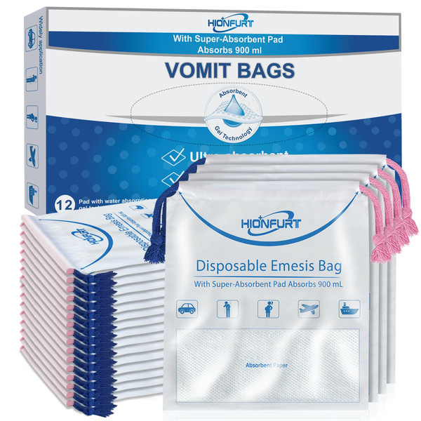 Hionfurt Absorbent Vomit Bag Disposable,12Pcs Emesis Bags-Turns Vomit into Gel,Leak Resistant Barf Bag,900ml Portable Nausea Bags for Travel Motion Sickness,Pregnancy,Kids,Taxi,car