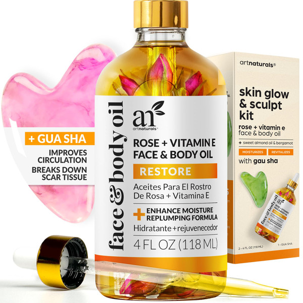 ArtNaturals Face & Body Vitamin E Bio Oil 4.0oz + Gua Sha Facial Tools Set - Organic Moisturizer Skincare for Scars, Stretch Mark, Cellulite & Nails - Great Massage oil for Massaging Joint & Muscle
