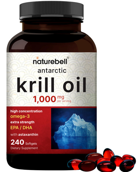 NatureBell Antarctic Krill Oil 1000mg Supplement, 240 Softgels, Natural Source of Omega-3s, EPA, DHA and Astaxanthin - No Aftertaste - Support Heart Health, Mercury Free & Non-GMO