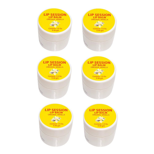 Lip Session Lip Balm Vanilla (Original) Flavor .33 Oz. Jars with Vitamin E & Cocoa Butter - Moisturizes & Soothes Dry, Cracked, or Chapped Lips (6 Pack)