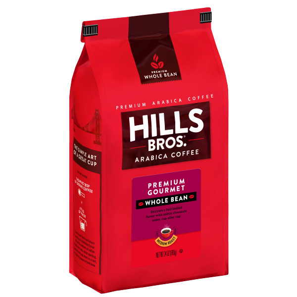 Hills Bros. Premium Gourmet Whole Bean Coffee – Rich and Bold Premium Arabica Coffee Beans – Orthodox Union Kosher – Medium Roast, Fresh Grind for Best Aroma & Taste – Premium Gourmet, 1 Pack of 24oz