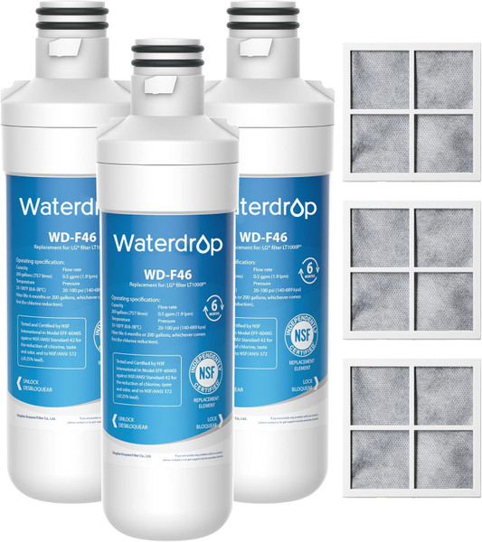 Waterdrop ADQ747935 LT1000PC Replacement for LG® LT1000P®/PC/PCS ThinQ® Refrigerator Water Filter, LFXS26973S, LMXS28626S, LMWS27626S, LFXS28596S, ADQ74793501 and LT120F®, 3 Combo