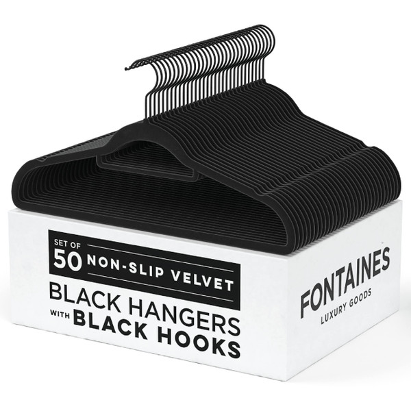 Fontaines Luxury Black Velvet Felt Non Slip Clothes Hangers 50 Pack - Ultra Slim & Space Saving - Heavy Duty Swivel Hook for Clothing, Suit, Top, Tie, Shirt, Skirt & Pant Organization Fontaines Luxury Black Velvet Felt Non Slip Clothes Hangers 50 Pack - Ultra Slim & Space Saving - Heavy Duty Swivel Hook for Clothing, Suit, Top, Tie, Shirt, Skirt & Pant Organization