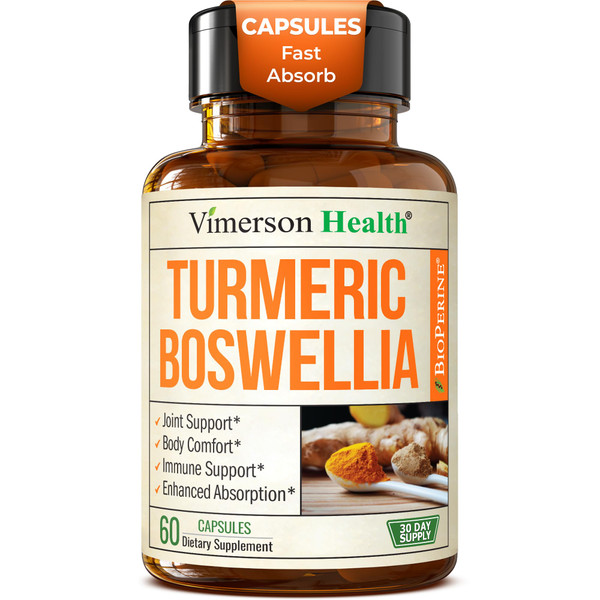 Turmeric Curcumin Supplement with Boswellia Serrata, Ginger Root, Organic Turmeric Powder & Black Pepper - 95% Curcuminoids Turmeric Supplement - 60 Gluten Free Tumeric Boswellia Extract Capsules
