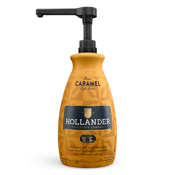 Classic Caramel Café Sauce by Hollander Chocolate Co. | For Caramel Lattes & Deserts | Perfect for the Professional or Home Barista - Net Wt. 91oz (64 fl Oz) Large Bottle (PUMP Included)