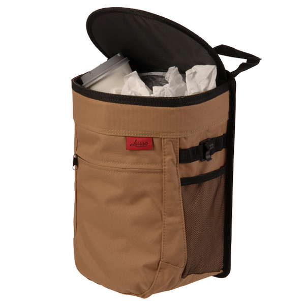 Lusso Gear Spill-Proof Car Trash Can - Easy to Clean Hanging Garbage Bin - Leak-Proof Lid, Removable Liner, Waterproof - Keeps Truck, SUV, Car, Minivan Clean & Odor Free - 2.5 Gallon Tan Car Trash Can