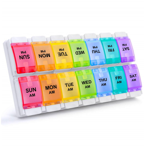 Sukuos AM PM Weekly Pill Organizer 2 Times A Day, Large Daily Pill Box Case 7 Day with Easy Push Button Design, Detachable Medicine Holder for Vitamin/Fish Oil/Supplements (Rainbow)