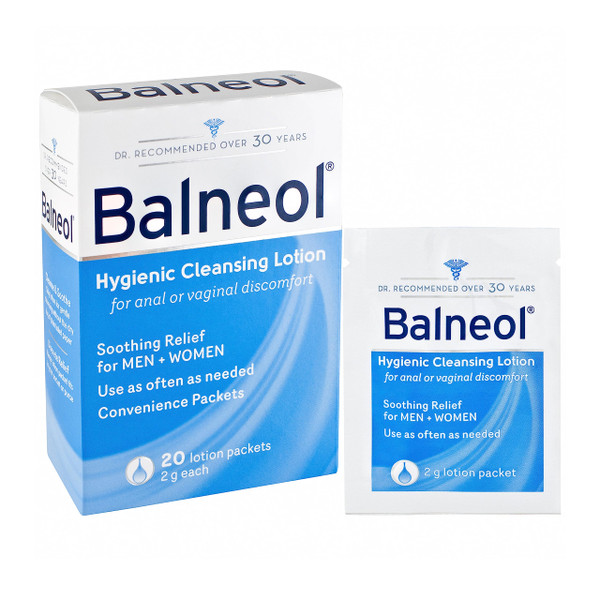 Balneol Hygienic Cleansing Lotion Packets, Men & Women, Soothes & Moisturizes, Relieves Anal & Vaginal Irritation & Itching, Diarrhea & Hemorrhoids, 2G x 20 Ct