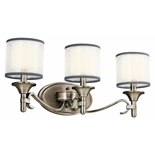 Kichler Lacey 10" 3 Light Vanity Light with Satin Etched Cased White Inner Diffusers and Gray Trimmed White Translucent Organza Outer Shade in Antique Pewter