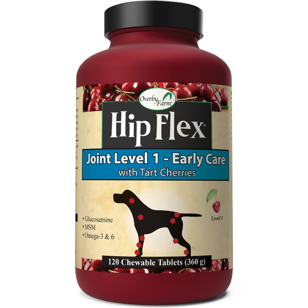 NaturVet Overby Farm Hip Flex Joint Level 1 Early Care Hip & Joint Dog Supplement – for Healthy Cartilage, Joints – Includes Tart Cherries, Glucosamine, MSM, Chondroitin – 120 Ct.