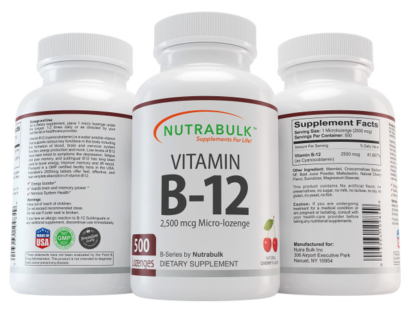 NutraBulk Vitamin B-12 Capsules 2500 mcg Micro-Lozenge | Supports Cognitive & Overall Well Being, Helps to Assist Brain, Memory Power, Boosts Energy | Cherry Flavour - Sublingual Tablets (500)