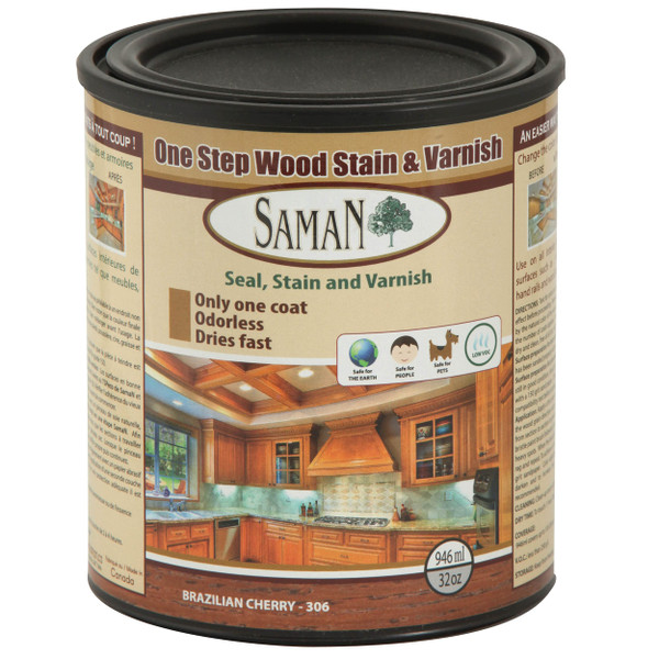 SamaN Interior One Step Wood Seal, Stain and Varnish – Oil Based Odorless Dye - Protection for Furniture and Fine Wood (Brazilian Cherry SAM-306, 32 oz)