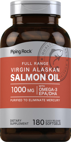 Piping Rock Wild Alaskan Salmon Fish Oil | 1000mg | 180 Softgels | Supplements for Humans | Omega-3, EPA, and DHA | Non-GMO and Gluten Free