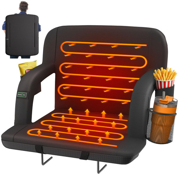 HOPERAN 25" Dual-Sided Heated Stadium Seats for Bleachers with Back Support, 3 Levels Heating Stadium Seating for Bleachers Seat with Backrest, 5 Pockets Portable Stadium Chair for Outdoor Sports
