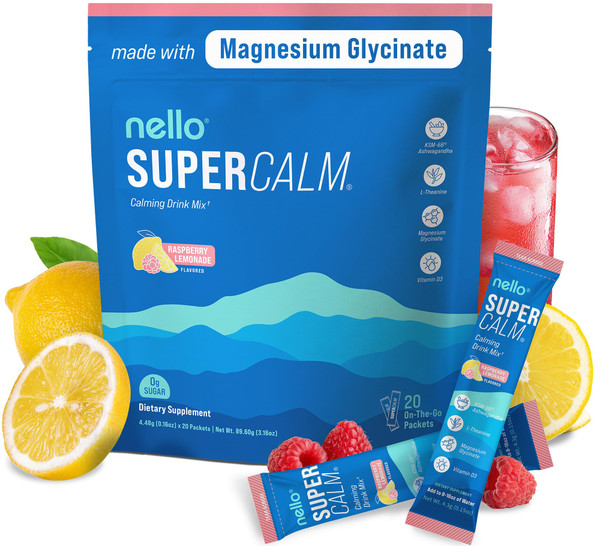 Nello Supercalm Powdered Drink Mix, Raspberry Lemonade, L Theanine, Ksm-66 Ashwagandha, Magnesium Glycinate, Vitamin D 3, Supplements for Relaxation & Focus, No Sugar, Non GMO, On The Go, 20 Ct Nello Supercalm Powdered Drink Mix, Raspberry Lemonade, L Theanine, Ksm-66 Ashwagandha, Magnesium Glycinate, Vitamin D 3, Supplements for Relaxation & Focus, No Sugar, Non GMO, On The Go, 20 Ct