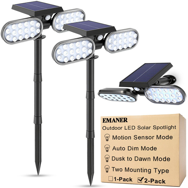 EMANER Motion Solar Lights Outdoor, Solar Floodlight, Stay On or Motion Sensor Mode, Dusk to Dawn Security Light, Landscape Spotlights for Garage Fence Driveway Solar Powered, 2-Pack EMANER Motion Solar Lights Outdoor, Solar Floodlight, Stay On or Motion Sensor Mode, Dusk to Dawn Security Light, Landscape Spotlights for Garage Fence Driveway Solar Powered, 2-Pack