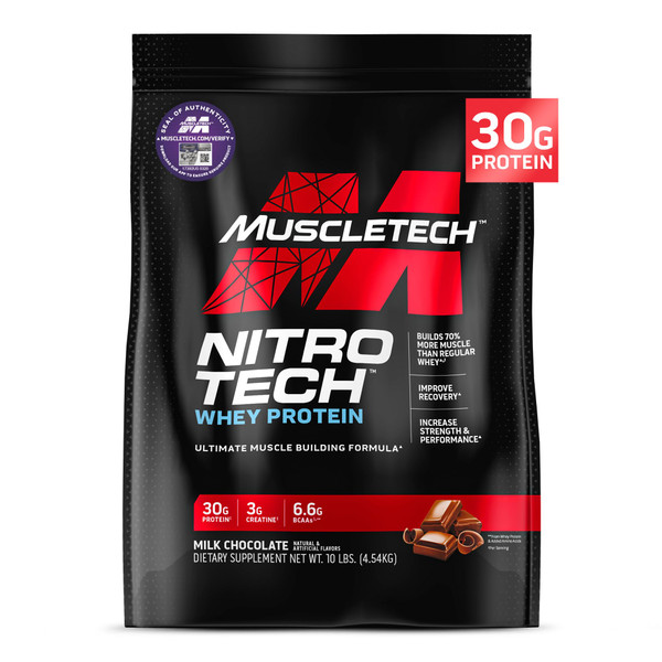 Muscletech Whey Protein Powder (Milk Chocolate, 10 Pound) - Nitro-Tech Ultimate Muscle Building Formula with Whey Protein Isolate & Peptides - 30g of Protein, 3g of Creatine & 6.8g of BCAA