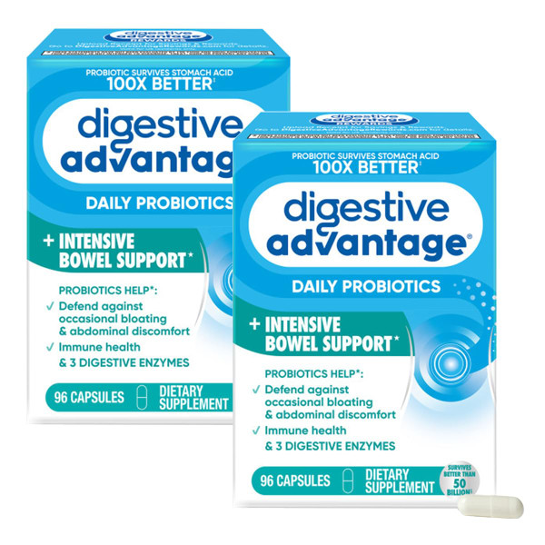 Digestive Advantage IBS Probiotics for Digestive Health & Intensive Bowel Support, for Women & Men with Digestive Enzymes, Support for Occasional Bloating & Gut Health, 96ct Capsules (2)