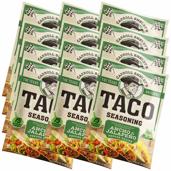 Carroll Shelby's Original Texas Brand Ancho & Jalapeño Taco Seasoning – Bold Blend of Medium Heat and Flavor for Tacos and Meats (Pack of 12)