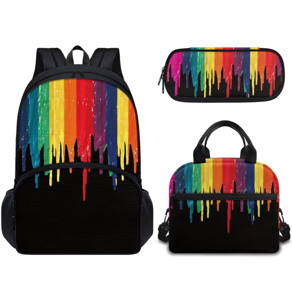 Forchrinse 3 in 1 Colorful Rainbow Splatter Oil Painting Backpack and Lunch Bag Set for Student,School Backpack Bookbag with Lunch Box Pen Pouch for Boys Girls