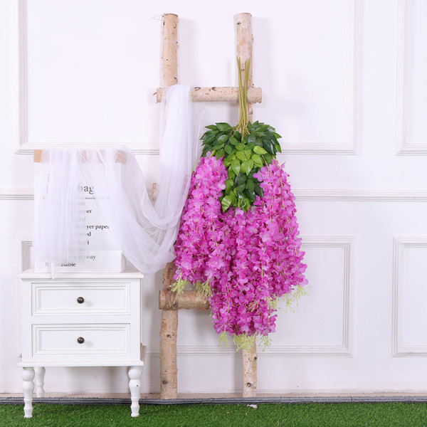 CONGZHANHH 12pcs Pack 43.3" Flame Retardant Artificial Wisteria Hanging Flowers Fake Flores Garland Silk Wisteria String Vines Rattan Wedding Party Wall Ceiling Trade Show Garden Decorations (Plum)