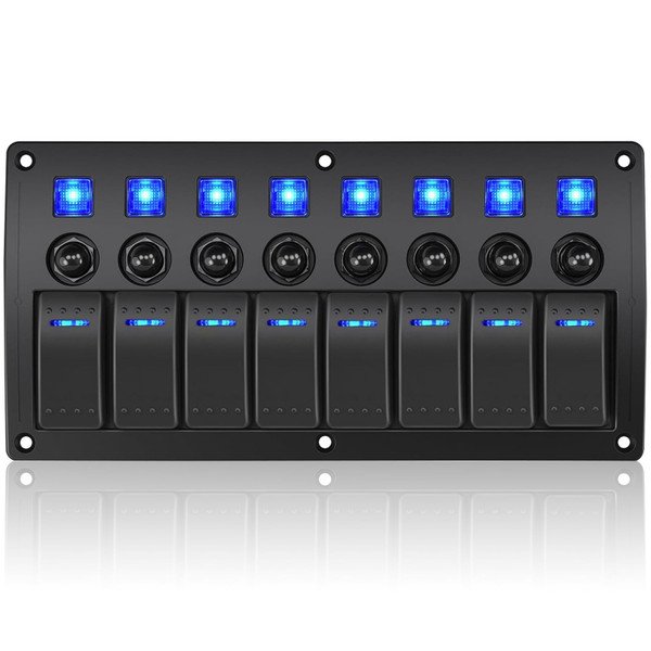 GGTA Marine Boat Switch Panel Waterproof, 8 Gang Circuit Breaker Panels，12V/24volt On/Off Blue led, Rocker Switch Panel for Boat with Circuit Breaker 4 * 10A/15A for Car RV UTV Truck