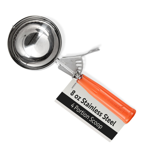 Restaurantware Met Lux 8 Ounce Portion Scoop 1 Durable Disher Scoop - Thumb Trigger Orange Stainless Steel Ice cream Disher For Portion Control For Ice Cream Mashed Potato And Cookie Batter