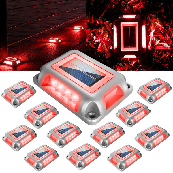T-SUN Solar Deck Lights Outdoor 12 Pack, Red LED Driveway Deck Light Dock Marine Waterproof Driveway Marker Lights for Step Sidewalk Stair Garden Pathway Walkway Yard