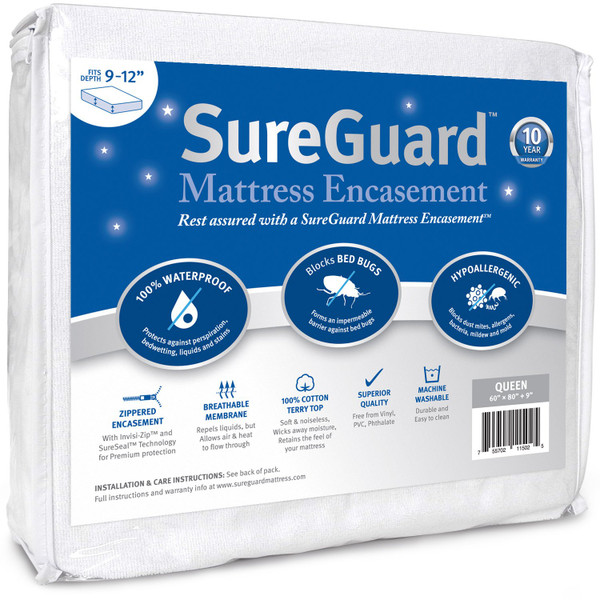 Queen (9-12 in. Deep) SureGuard Mattress Encasement - 100% Waterproof, Bed Bug Proof, Hypoallergenic - Premium Zippered Six-Sided Cover Queen (9-12 in. Deep) SureGuard Mattress Encasement - 100% Waterproof, Bed Bug Proof, Hypoallergenic - Premium Zippered Six-Sided Cover