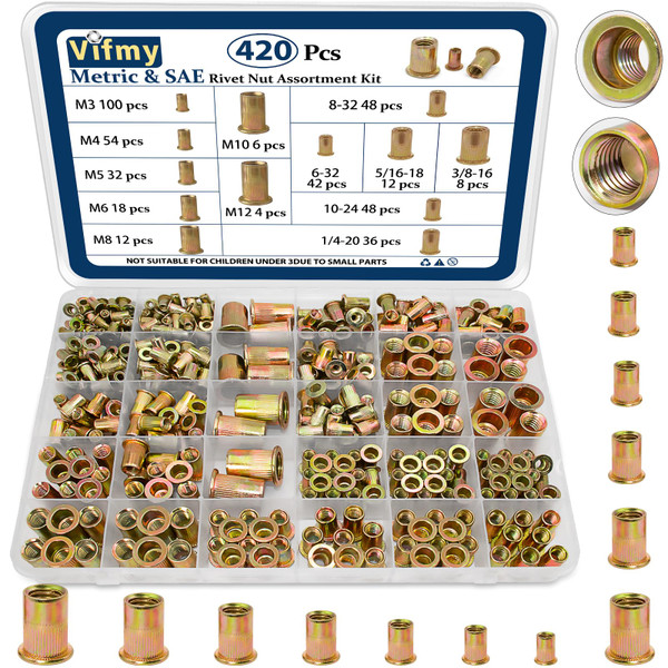 Vifmy Metric & SAE Rivet Nut Assortment Kit(420 Pcs),m3 m4 m5 m6 m8 m10 m12#6-32#8-32#10-24 1/4"-20 5/16"-18 3/8"-16 UNC Flat Head Rivnut Set,Zinc Plated Finish Carbon Steel Nutsert