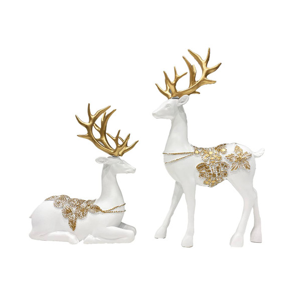 2 Pieces Elegant Christmas Reindeer Resin Statues for Home Decoration Sitting and Standing Elegant Luxury Deers 12" Tall Deers Decoration (White)