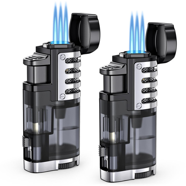 Torch Lighter Butane Refillable Triple Jet Flame Torch Lighters, Windproof Adjustable Flame Butane Torch Lighter with Punch 2 Pack (Without Fuel)